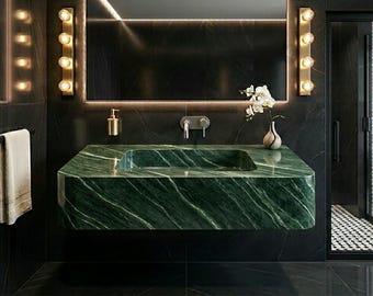 Lavabo in marmo verde / Mobile bagno di lusso a parete / Lavabo in pietra naturale intagliato a mano