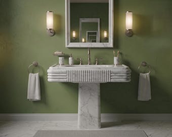 Lavabo a colonna in marmo bianco, lavabo in pietra scanalato autoportante, mobile bagno di lusso