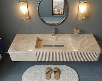 Bailen Beige Marble Floating Sink – Handcrafted Fluted Wall-Mounted Washbasin