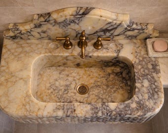 Calacatta Gold Marble Sink | Hand-Carved Natural Stone Vessel Washbasin, Bathroom Remodel