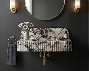 Calacatta Viola Marble Floating Sink, Hand Carved Stone Wash Basin, Violet Marble Vessel