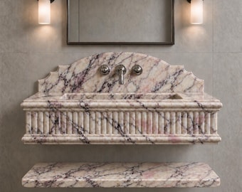 Calacatta Viola Marble Wall-Mounted Sink with Fluted Front, Arched Backsplash and Floating Shelf