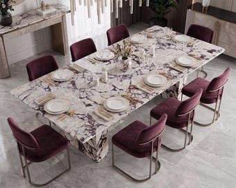 Custom Calacatta Viola Marble Dining Table, Natural Stone Pedestal Furniture, Luxury Purple Vein Table