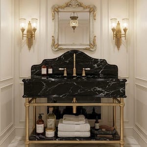 Handcrafted Black Marble Vanity Sink with Custom Console Stand (Brass or Gold Legs)