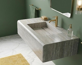 Silver Travertine Floating Sink | Wall Mounted Natural Stone Vanity (Custom Size)