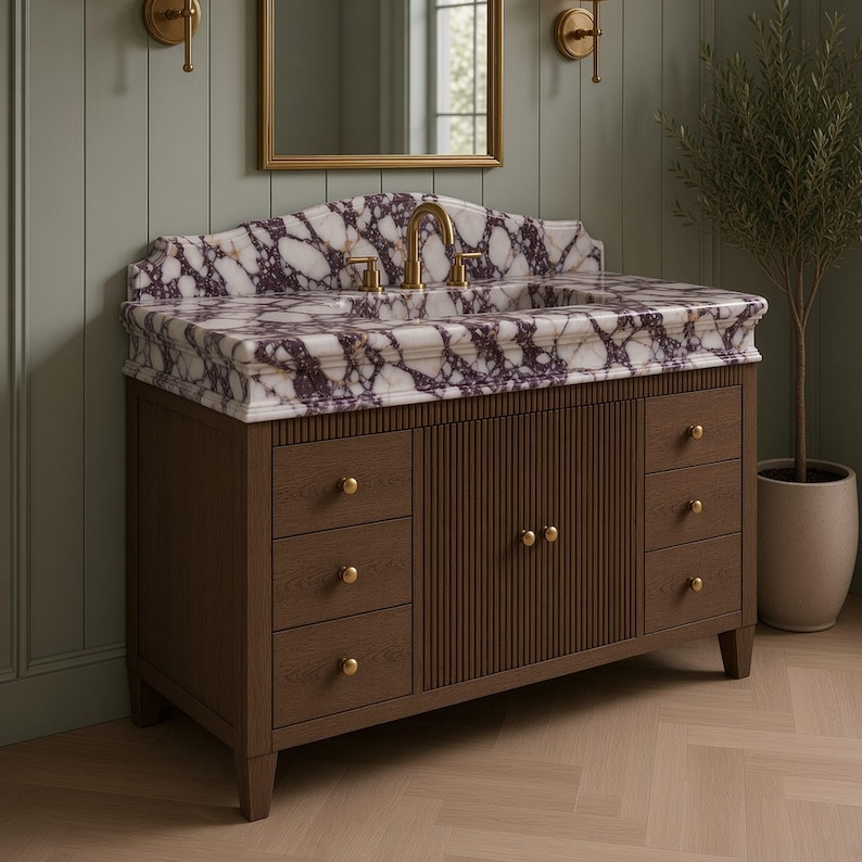 Calacatta Viola Marble Bathroom Vanity With Sink, Solid Walnut Fluted ...