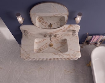 Calacatta Gold Marble Sink – Wall Mounted Vanity Basin with Fluted Front