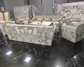 Juego de muebles de salón de mármol Calacatta Viola – Conjunto artesanal de 9 piezas