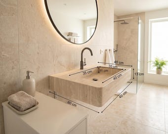 Mobile bagno sospeso di lusso in travertino - Design moderno senza giunture con lavabo integrato