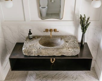 Rustic Marble Vessel Sink, Floating Steel Vanity, Hand-Carved Bathroom Sink