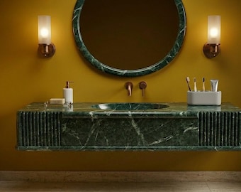 Verde Levanto Marble Sink, Fluted Floating Vanity, Custom Natural Stone Washbasin