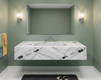 Lavabo flotante de mármol blanco platino / Lavabo mural de piedra natural