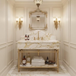 May include: A bathroom vanity featuring a white marble countertop with gold veining, a gold metal frame, and a matching marble shelf. The vanity includes a gold faucet, two gold wall sconces, a gold-framed mirror, and a hanging glass pendant light.