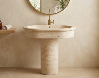 Lavabo de pedestal de travertino, lavabo independiente de piedra natural, lavabo ovalado de mármol hecho a mano, lavabo minimalista para tocador de baño, Wabi Sabi