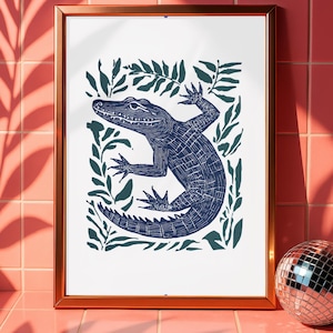 Alligator Linocut Print, Linocut Art, Block Print Art, Tropical Art, Gator Art