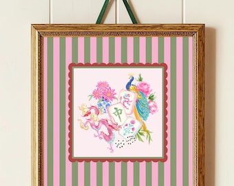 Mahjong Wall Art Print, Chinoiserie Decor, Colorful Dragon Peacock Art, Pink Floral Mahjong Tiles, Maximalist, Grandmillennial decor