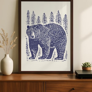 Linocut Bear Print, Forest Animal Art, Cabin Decor, Matte Finish Wall Art