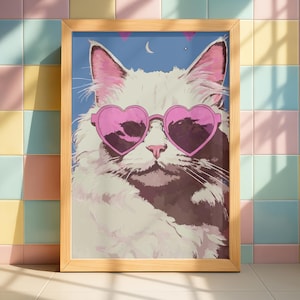 Cat with Pink Heart Sunglasses Print, Whimsical Feline Wall Art