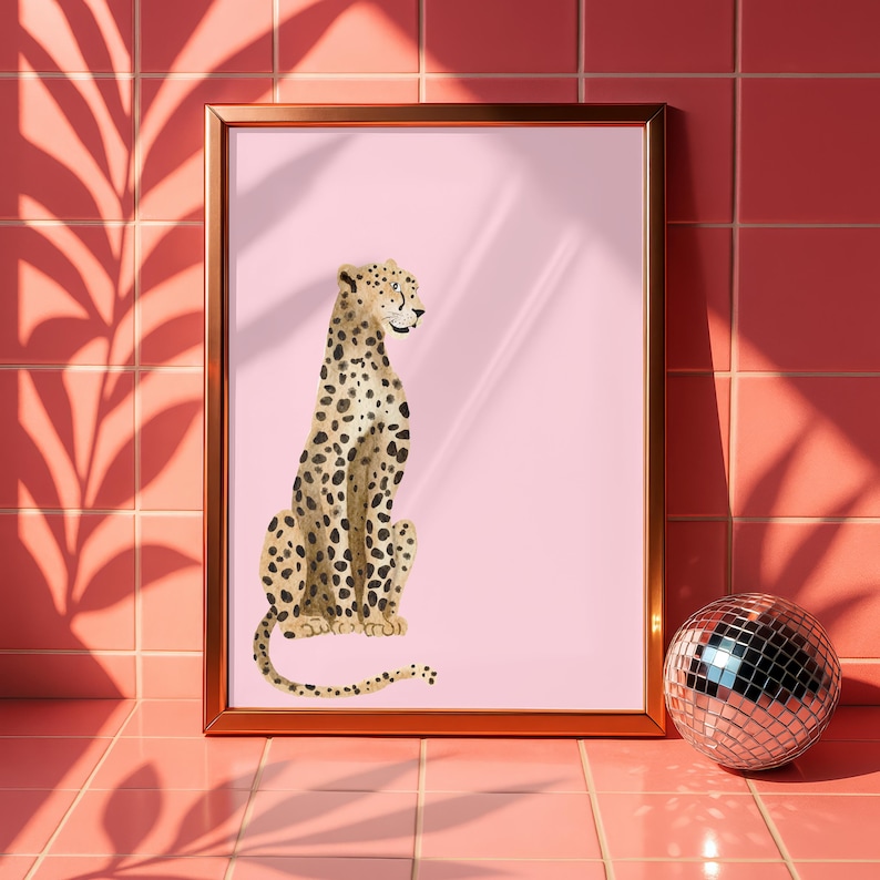 Pink Leopard Print Art, Modern Cheetah Maximalist Decor, Grandmillennial Style image 2