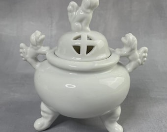 Quemador de incienso trípode de porcelana asiática, mini quemador de incienso japonés con diseño de perro Foo, quemador decorativo vintage asiático.