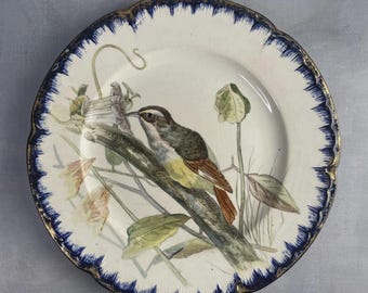 Grande piatto antico in terracotta di Emile Bourgeois, Parigi, con decorazione a uccelli, diametro circa 27 cm.