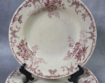 Par de platos de loza de Boulenger, Choisy-le-Roi, con estampado floral rojo, preciosa vajilla francesa antigua, ~23,5 cm