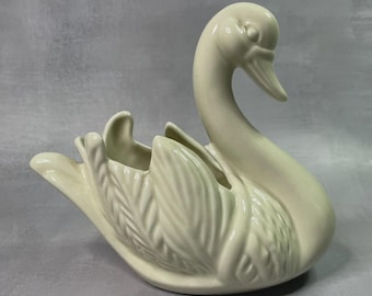 Maceta de cerámica color crema con forma de cisne, maceta de mesa vintage o soporte para flores, elegante maceta para decoración de interiores.