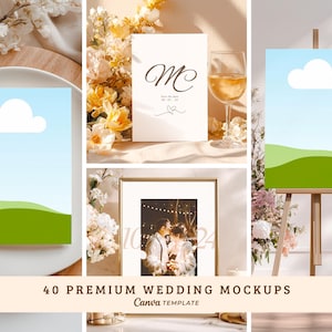 May include: A collection of wedding mockups featuring invitation cards, a framed photo, and an easel with a cloud and landscape design. The mockups are surrounded by floral arrangements and a glass of wine. The text "40 Premium Wedding Mockups" is visible.