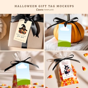 Makiety etykiet na prezenty w stylu boho z jesiennymi cukierkami, upominki na imprezę halloweenową, koszyk Boo, szablon Canva