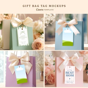 May include: Four gift bag mockups with cream-coloured bows and tags. The bags are in various colours: sage green, light blue, lavender, and pink. The tags have different designs, including a cloud and grass scene, and text that reads "Happy Mother's Day" and "To the Best Mom."