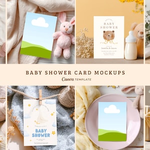 May include: A collection of baby shower card mockups. The cards feature designs with clouds, grass, and teddy bears. Some cards include text such as "Baby Shower" and names. The image also includes a pink stuffed bunny and a baby bottle.