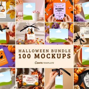 Puede incluir: Un paquete digital de 100 maquetas y plantillas de Canva para Halloween, que muestra varias etiquetas de regalo rectangulares y tarjetas de felicitación con ilustraciones estacionales de fantasmas, calabazas y el texto Happy Halloween.