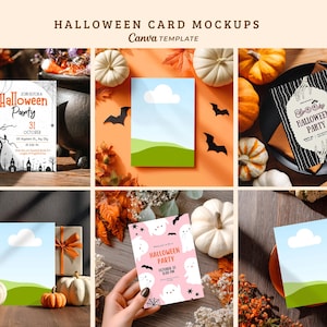 May include: A collection of Halloween card mockups featuring various designs including party invitations with spooky graphics, ghost illustrations, and blank templates with sky and landscape imagery, displayed alongside pumpkins and autumn foliage.