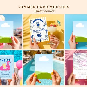 Op de afbeelding: Zomercard mockups met diverse ontwerpen. Eén kaart toont het thema "Bachelorette Weekend", een andere heeft een flamingo pool party design, en andere hebben lege sjablonen met een wolk en een groene heuvel.