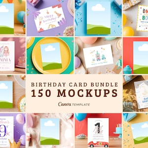Puede incluir: Una colección digital de 150 maquetas de tarjetas de cumpleaños con varios diseños, incluyendo un cielo azul con una nube blanca y colinas verdes, un tema de unicornio, un tema de coche de carreras y plantillas de baby shower en Canva.