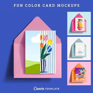 Peut inclure: Maquettes de cartes colorées avec divers motifs : arrangements floraux, tasses empilées, thème de baby shower et tasse de café. Chaque carte est présentée dans une enveloppe assortie sur fond bleu. Texte : FUN COLOR CARD MOCKUPS et Canva TEMPLATE.