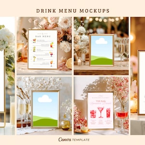 May include: A collection of framed drink menu mockups. The menus feature watercolor illustrations of cocktails and a minimalist landscape design. The text includes "Drink Menu Mockups", "Bar Menu", and "The Bar Signature Drinks". The frames are gold.