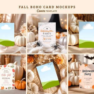 Könnte beinhalten: Eine Sammlung von sechs rechteckigen Karten-Mockups mit verschiedenen Designs, darunter ein blauer Himmel mit einer weißen Wolke und grünen Hügeln, eine Halloween-Party-Einladung mit Spinnennetzen und ein Hello Fall Festival-Flyer.