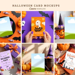 Op de afbeelding: Een verzameling van zes Halloween-kaartmockups met diverse ontwerpen, waaronder lege sjablonen met een blauwe lucht en groene heuvels, en uitnodigingen met afbeeldingen van spoken, pompoenen en spinnenwebben, getoond met seizoensgebonden decoratie.