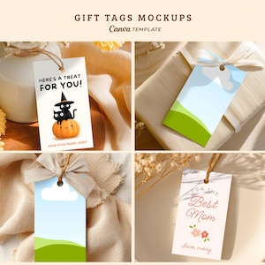 Op de afbeelding: Een verzameling cadeaulabels met verschillende ontwerpen. Eén label toont een zwarte kat met een heksenhoed op een oranje pompoen met de tekst "HERE'S A TREAT FOR YOU!". Een ander label heeft een blauwe lucht en groen gras ontwerp. Een derde label zegt "FOR THE Best Mom".