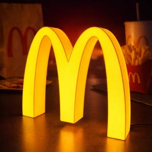 Può includere: Un'insegna luminosa gialla degli archi dorati di McDonald's. L'insegna illuminata è il punto focale, con un sacchetto rosso e bianco di McDonald's, patatine fritte e una bevanda sullo sfondo. Gli archi sono su una superficie scura.