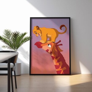 May include: A framed vertical wall art print featuring a cartoon illustration of a small yellow lion cub standing on the head of a red and orange giraffe against a soft purple and pink gradient background, enclosed in a thin black frame.