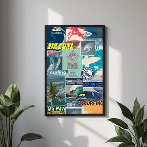 May include: A rectangular wall art print in a black frame featuring a collage of surfing-themed imagery. The composition includes various logos, ocean waves, palm trees, and text elements such as Rip Curl, Vans, and Respect the Locals.
