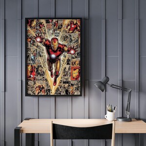 Iron Man-serieposter | Superhjälteväggkonst | Estetiskt tryck i Marvel-stil | Avengers-sovrumsinredning | Presentidé för vintage serietidningsfan bild 2