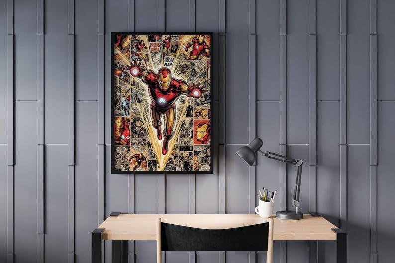 Iron Man-serieposter | Superhjälteväggkonst | Estetiskt tryck i Marvel-stil | Avengers-sovrumsinredning | Presentidé för vintage serietidningsfan bild 2