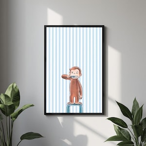 May include: A framed wall art print featuring a brown monkey standing on a light blue stool and brushing its teeth. The background consists of vertical light blue and white stripes. The frame is thin and black, surrounding the rectangular illustration.