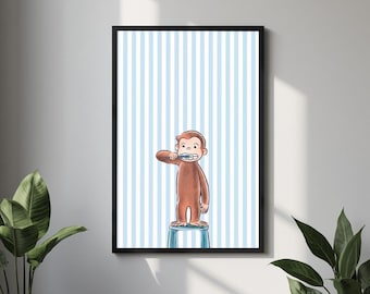May include: A framed wall art print featuring a brown monkey standing on a light blue stool and brushing its teeth. The background consists of vertical light blue and white stripes. The frame is thin and black, surrounding the rectangular illustration.