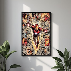Iron Man-serieposter | Superhjälteväggkonst | Estetiskt tryck i Marvel-stil | Avengers-sovrumsinredning | Presentidé för vintage serietidningsfan bild 1