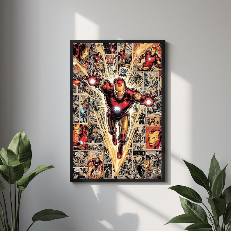 Iron Man-serieposter | Superhjälteväggkonst | Estetiskt tryck i Marvel-stil | Avengers-sovrumsinredning | Presentidé för vintage serietidningsfan bild 1