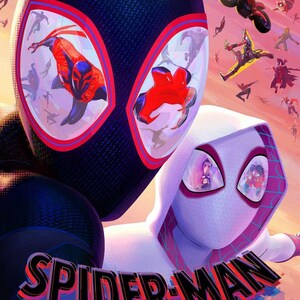 May include: Poster for the animated film "Spider-Man: Across the Spider-Verse." The image features two Spider-Man characters, one in a black suit with red accents and the other in a white suit. The title is prominently displayed at the bottom.